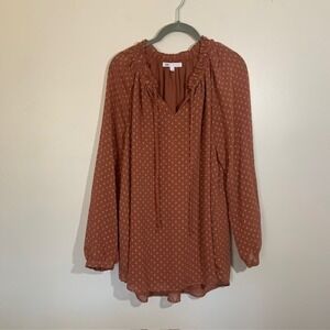 DR2 Cottagecore Blouse Large Terracotta Polka Dot V-Neck Boho Whimsigoth Top